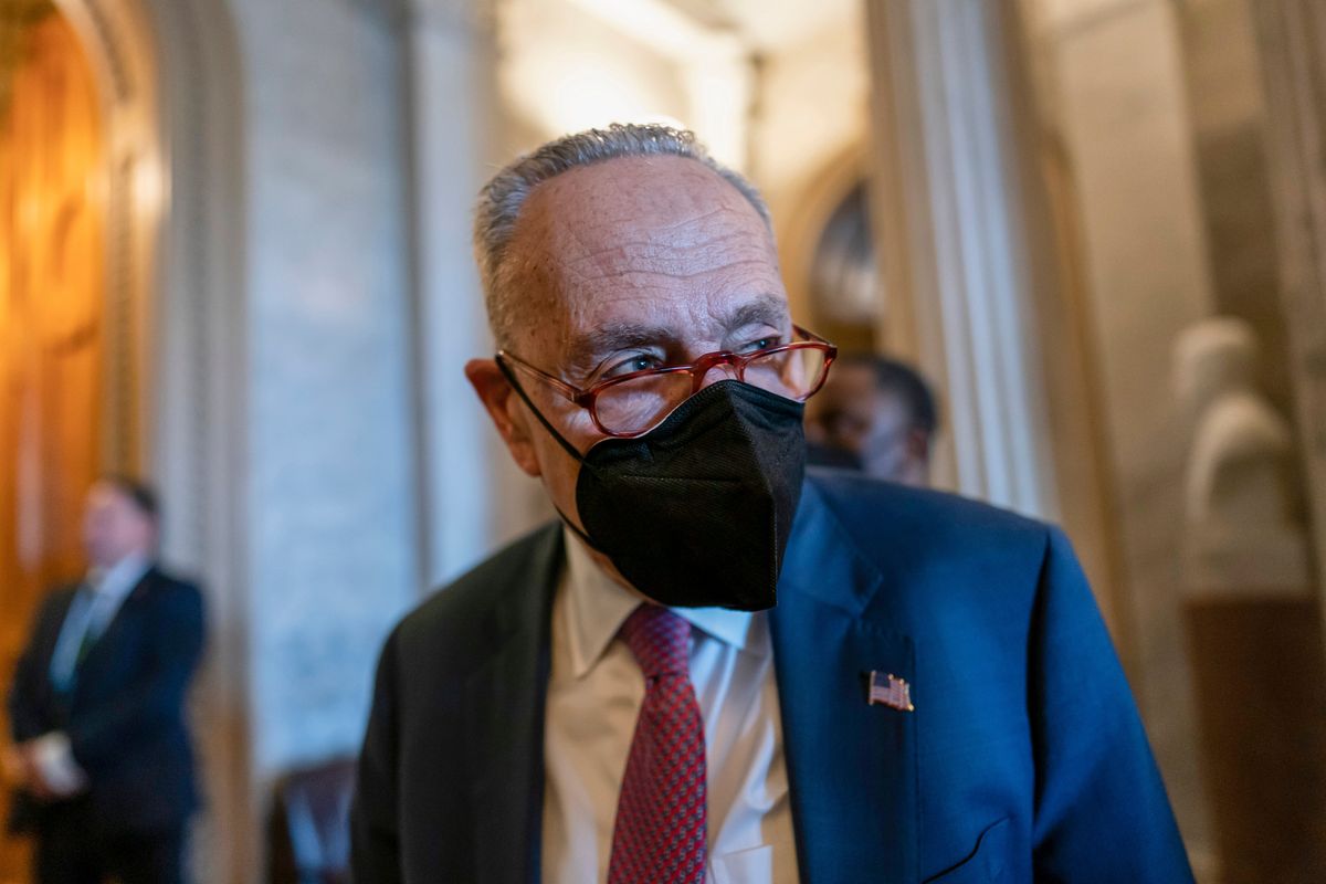 Senate Majority Leader Chuck Schumer, D-N.Y., tells reporters that the Senate will get the work done to fund the government before the Friday midnight deadline, at the Capitol in Washington, Thursday, Feb. 17, 2022.  (J. Scott Applewhite)