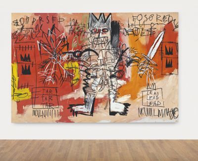 Jean-Michel Basquiat’s untitled 1981 painting of a regal warrior figure is among big-ticket items coming up for auction at Christie’s in New York. (Associated Press)