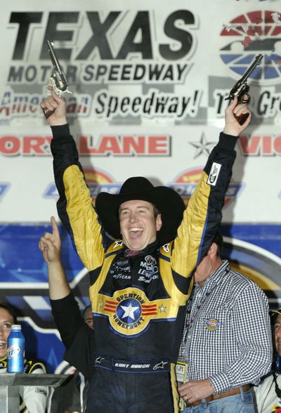 Kurt Busch celebrates after winning at Texas Motor Speedway on Sunday. (Associated Press / The Spokesman-Review)