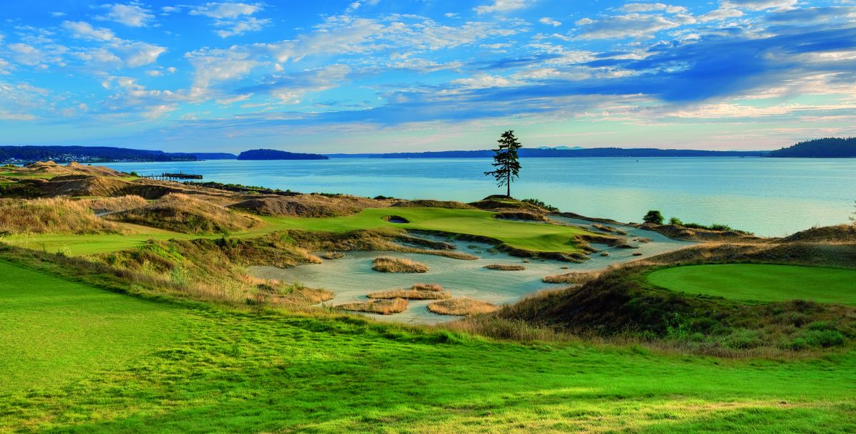 Hole No. 15 at Chambers Bay, known as “Lone Fir,” features the only tree found on the entire golf course behind its sizable green. The hole plays 172 yards from the longest (Teal) tees and ranks as the No. 18 handicapped hole for men and the 16th for women.