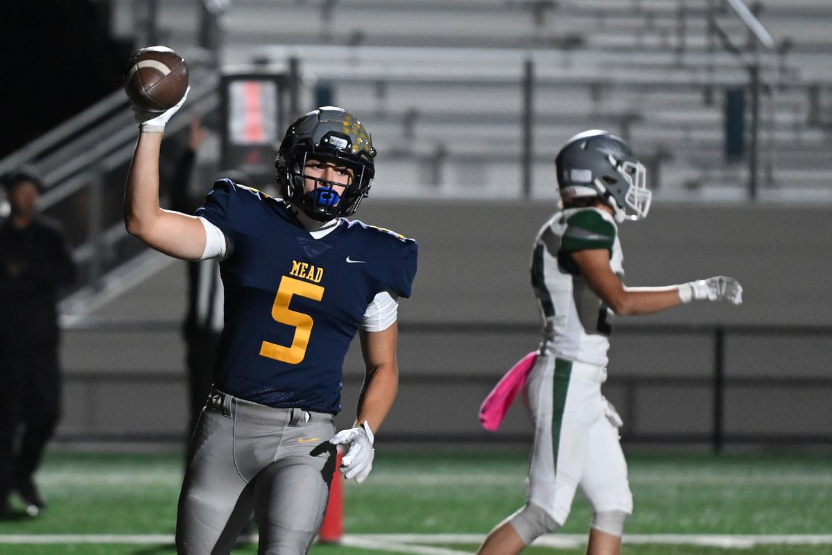 Mead Panthers Keegan Mallon (5) celebrates a touchdown against the Ridgeline Falcons during the first half at Union Stadium on Fri. Oct. 10, 2024 in Spokane WA.  (James Snook/For The Spokesman-Review)