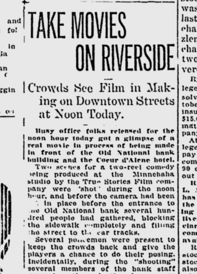 A lunchtime crowd in downtown were dazzled one hundred years ago today by the filming of a movie comedy outside the Old National bank.  (S-R archives)