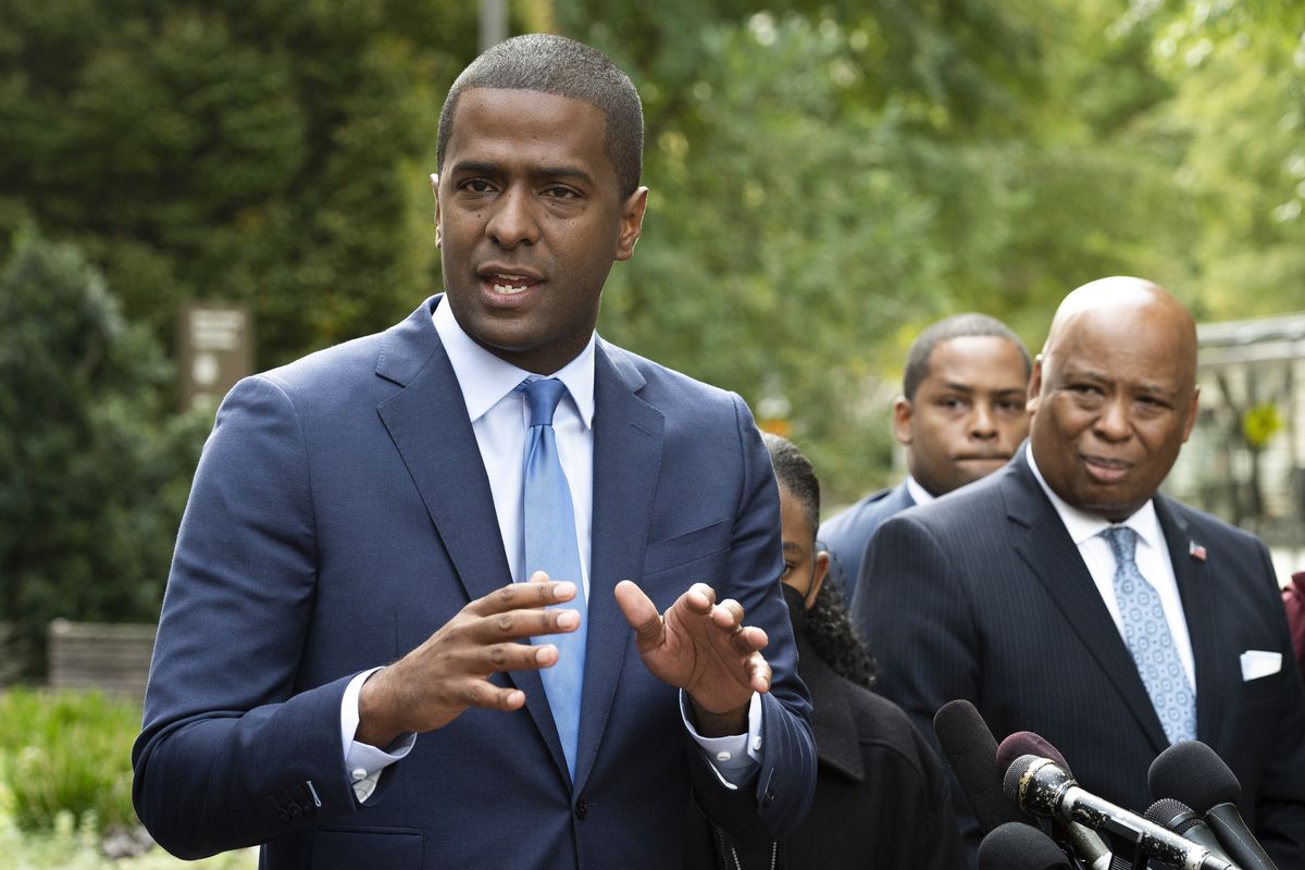 Bakari Sellers, the attorney for the families of victims killed in the 2015 Mother Emanuel AME Church massacre, speaks with reporters outside the Justice Department, in Washington, Thursday, Oct. 28, 2021. Families of nine victims killed in a racist attack at the Black South Carolina church have reached a settlement with the Justice Department over a faulty background check that allowed Dylann Roof to purchase the gun he used in the 2015 massacre. (Cliff Owen)