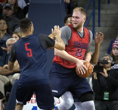 Red Team center Przemek Karnowski (24) backs into the key as Blue Team's Nigel Williams-Goss defends during the Kraziness in the Kennel scrimmage at Gonzaga University, Sat., Oct. 8, 2016, in Spokane. (Colin Mulvany / The Spokesman-Review)