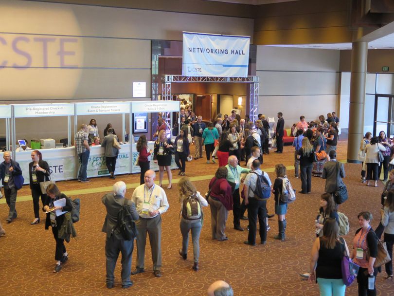 Attendees at the 2017 convention of the Council of State and Territorial Epidemiologists mill around the lobby of the Boise Centre on Monday, June 5, 2017; the convention drew more than 1,500 people to Boise. (Betsy Z. Russell)