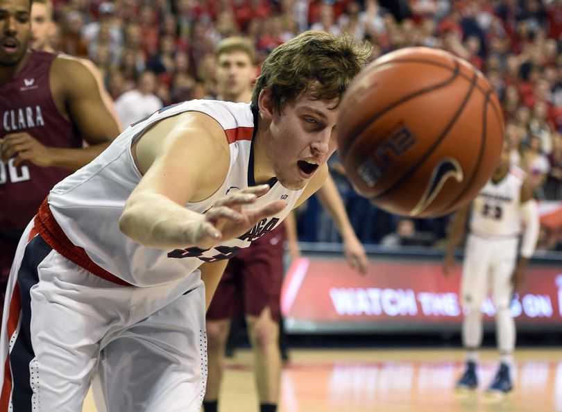 Gonzaga forward Kyle Wiltjer (33) chases a loose ball out of bounds during the first half of a men's college basketball game, Thurs., Jan. 28, 2016, in the McCarthey Athletic Center. (Colin Mulvany / The Spokesman-Review)