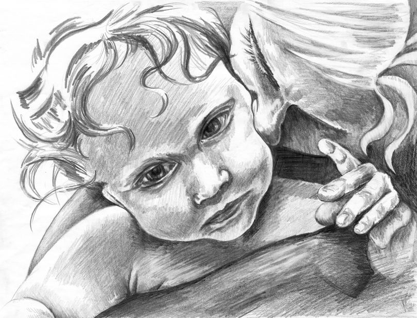 A mother and baby sketch is by artist Valerie Woelk.