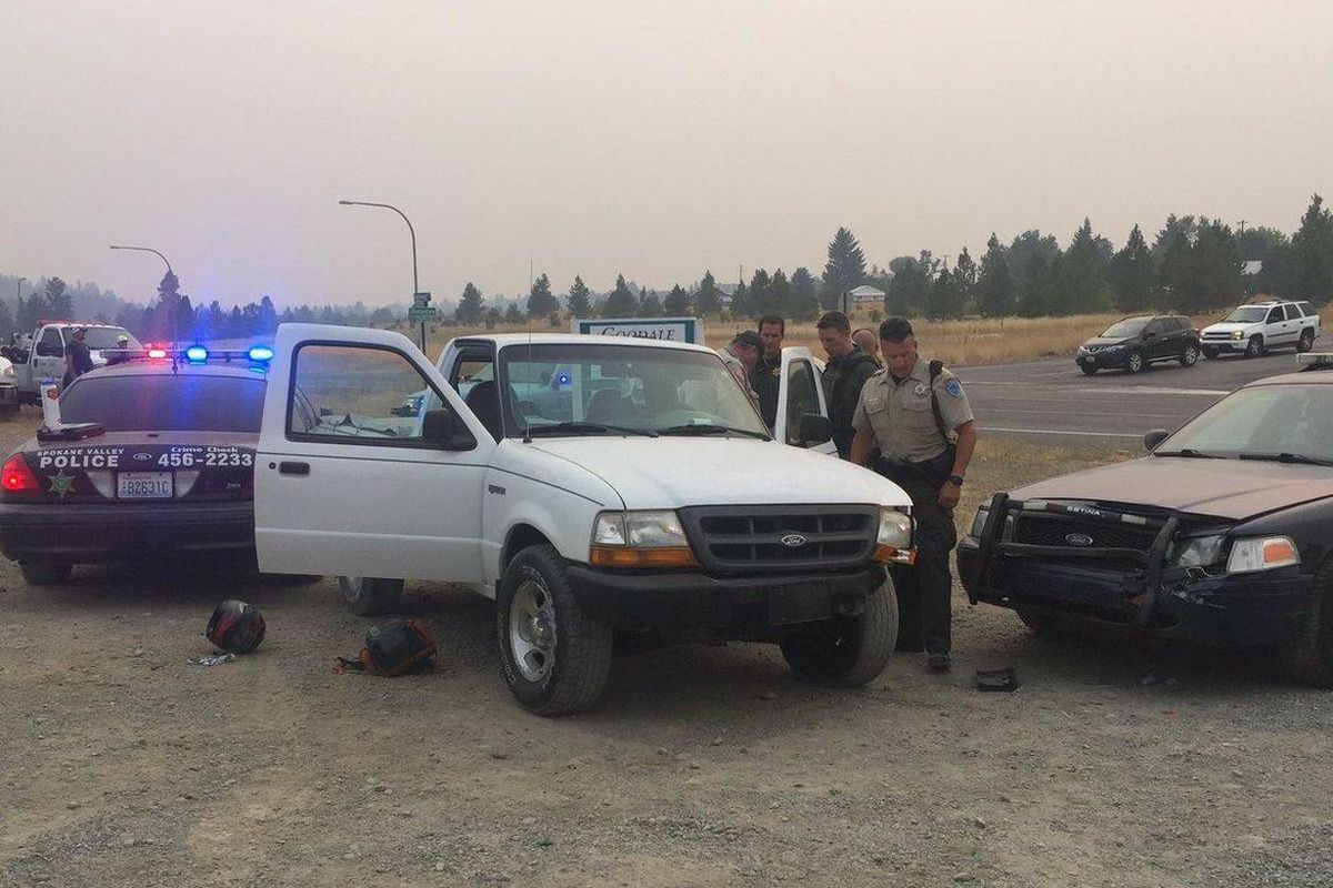 The driver of the white pickup led police on a high-speed chase through Spokane Valley and Liberty Lake on Friday, Aug. 4, 2017. (KHQ)