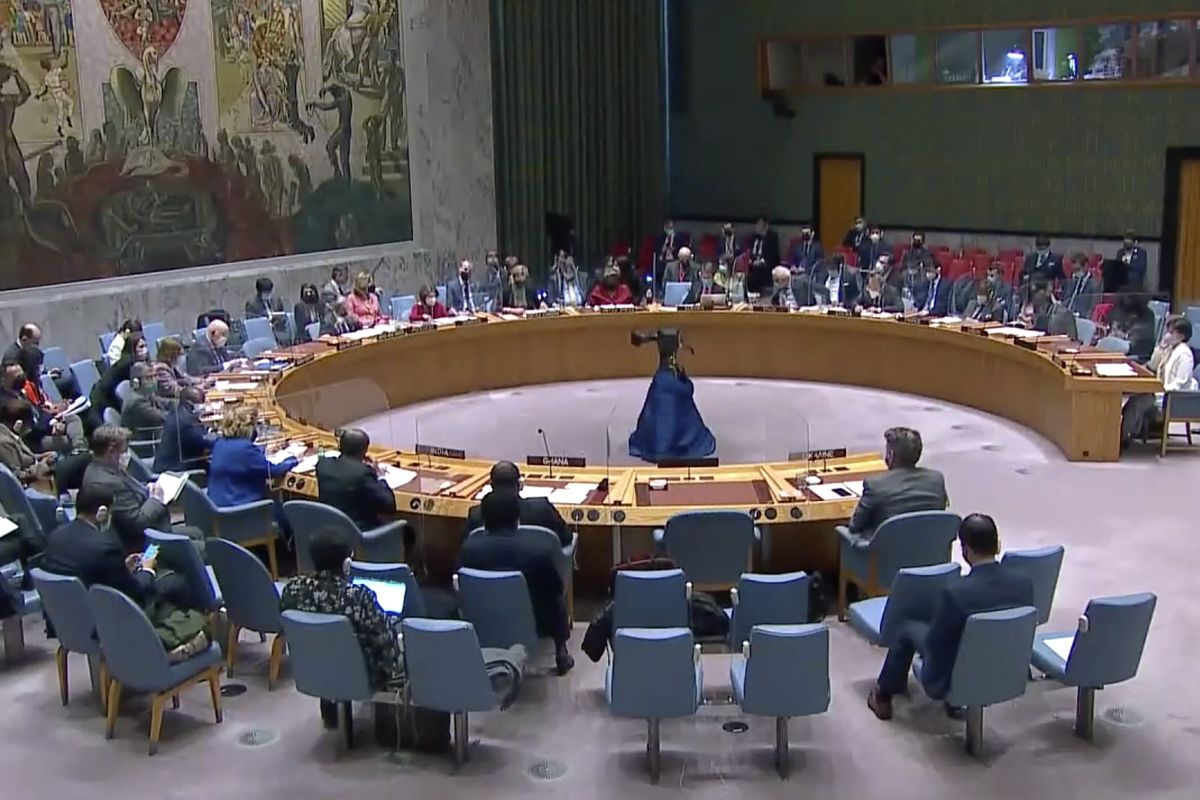The United Nations Security Council listens to comments during a meeting on Friday at U.N. headquarters. The Russian request for the Security Council meeting followed a U.S. rejection of Russian accusations that Ukraine is operating chemical and biological labs with U.S. support. (HONS)