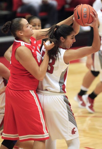 Ohio State center Ashley Adams, left, tries in vain to steal ball from WSU forward Shalie Dheensaw. (Associated Press)