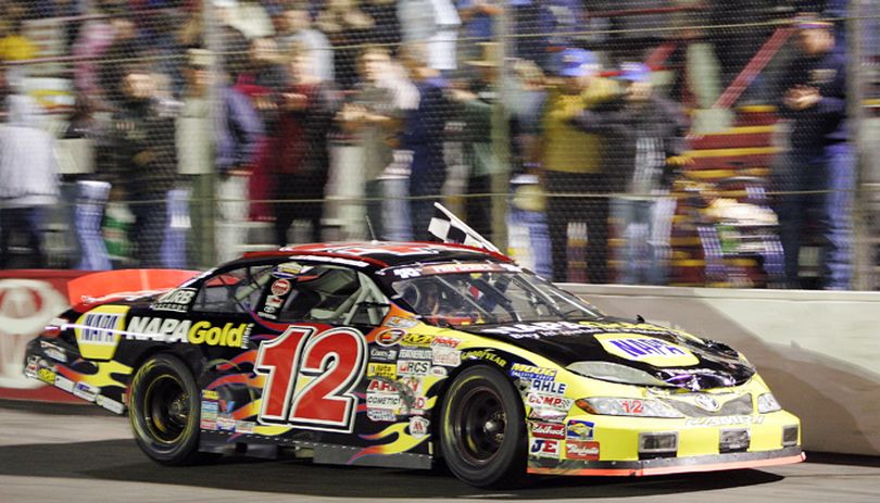 Paulie Harraka celebrates his victory in the NASCAR K&N Pro Series West season opener at All American Speedway in Roseville, Calif. (Photo courtesy of Brian Bahr/Getty Images for NASCAR) (Brian Bahr)