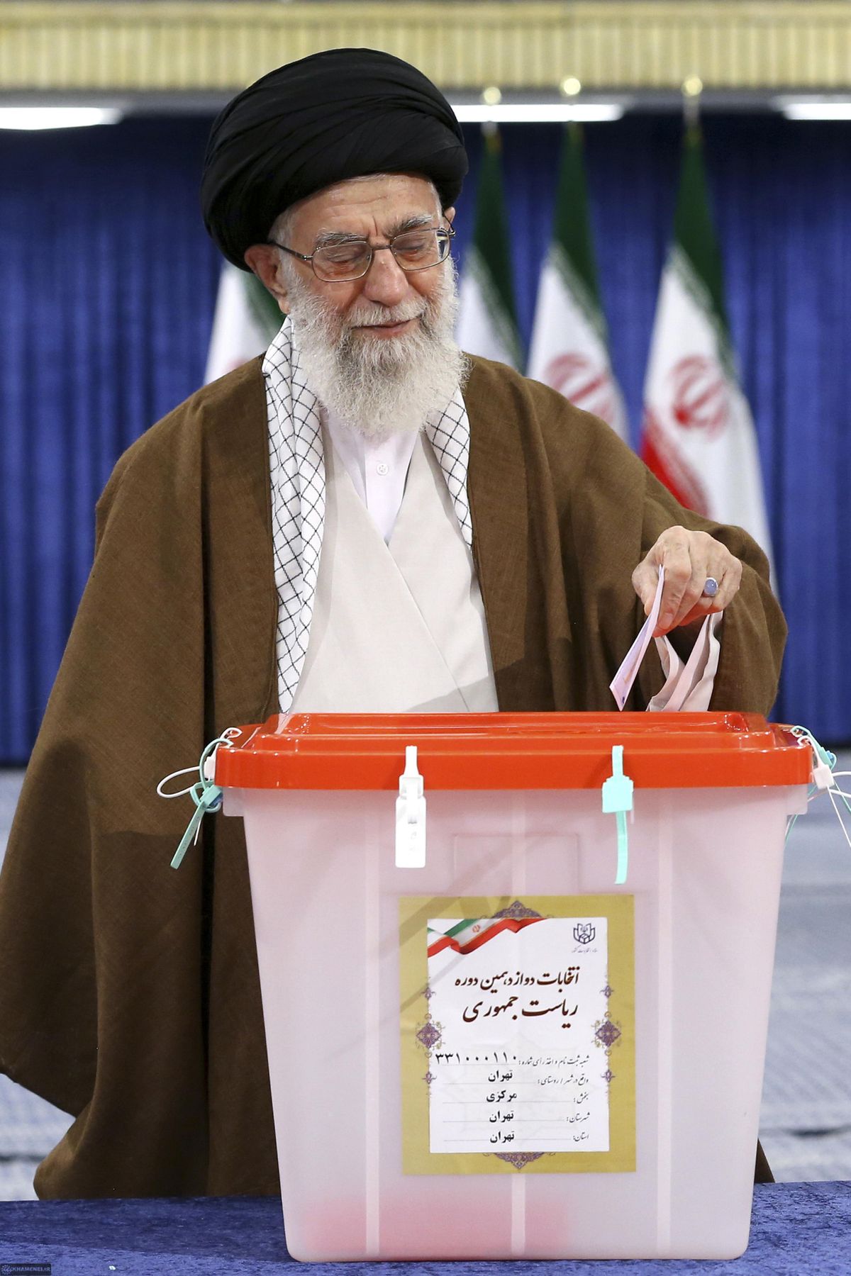 Supreme Leader Ayatollah Ali Khamenei casts his ballot for the presidential election in Tehran, Iran, Friday, May 19, 2017. Iranians voted Friday in the country’s first presidential election since its nuclear deal with world powers, and incumbent Hassan Rouhani won a resounding victory. (Uncredited / Office of the Iranian Supreme Leader)