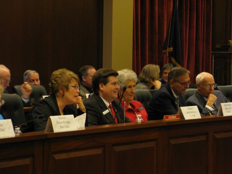 Members of the Joint Finance-Appropriations Committee, including co-chairs Sen. Dean Cameron and Rep. Maxine Bell, center, listen to testimony at the public hearing Friday morning on the state budget. (Betsy Russell)