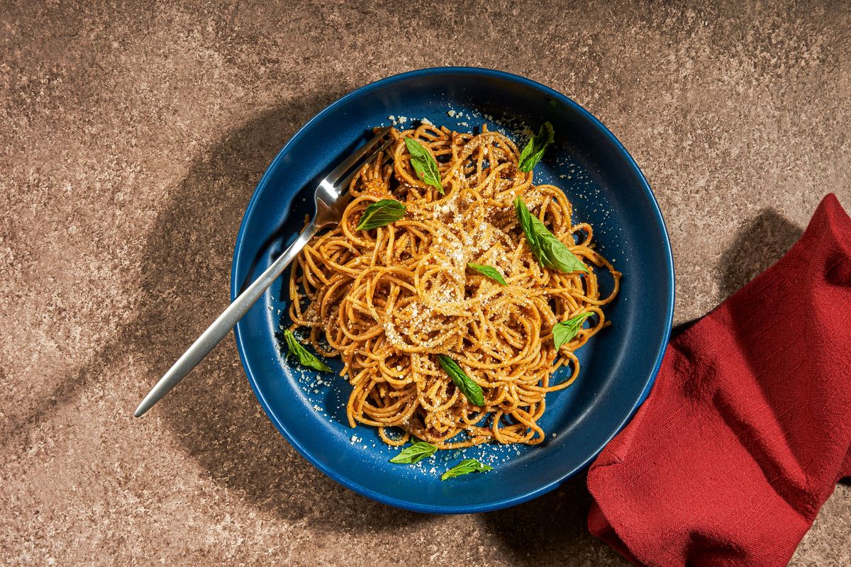 Use a whole grain pasta to match the flavor of the almonds in the roasted tomato-almond pesto.  (Rey Lopez for The Washington Post/Food styling by Lisa Cherkasky for The Washington Post)
