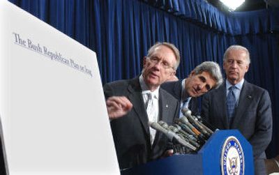 
Senate Democrats, from left, Majority Leader Harry Reid of Nevada, John Kerry of Massachusetts and Joseph Biden of Delaware, hold a news conference on Capitol Hill on Wednesday. 
 (Associated Press / The Spokesman-Review)