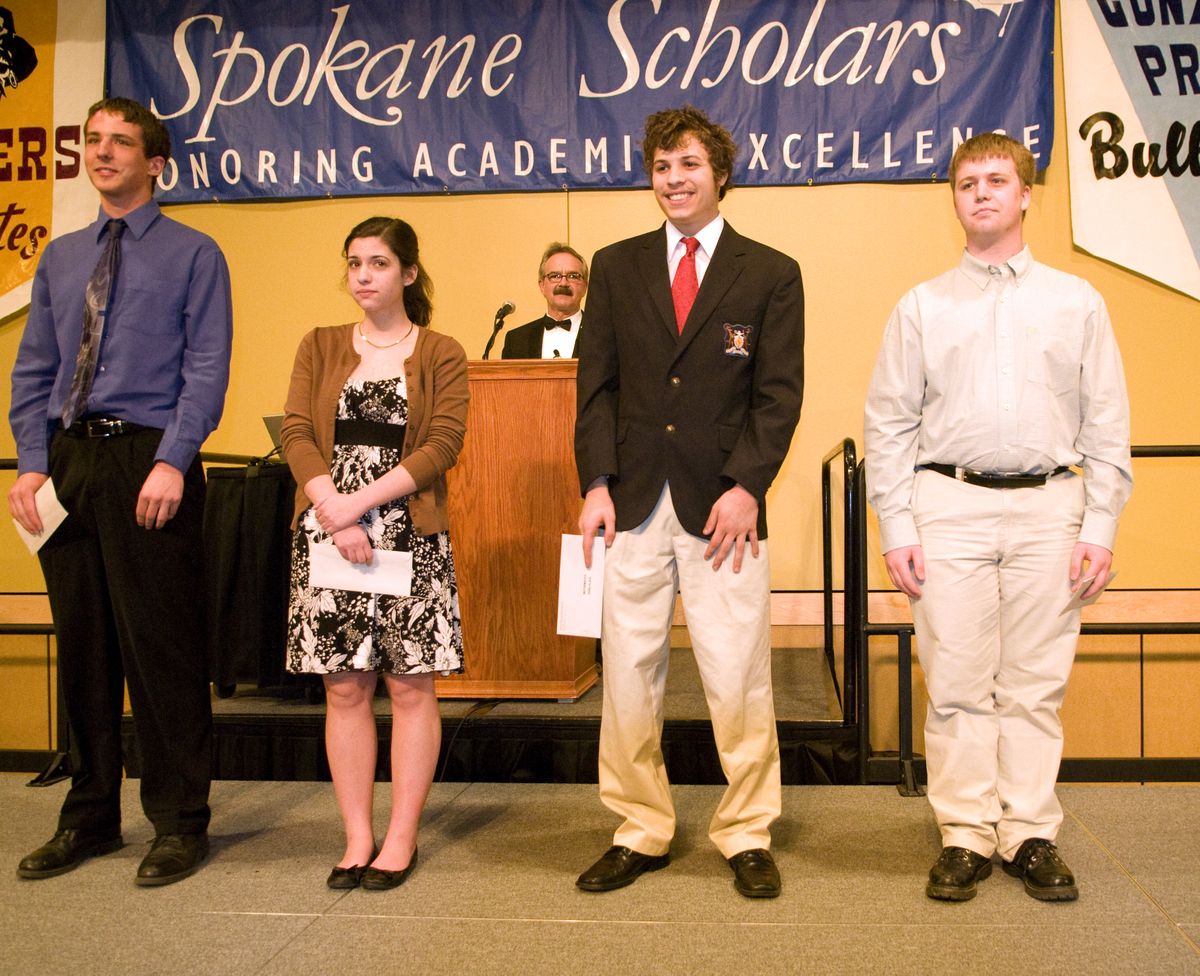 The top four winners of the mathematics scholarship at Monday night’s Spokane Scholars Foundation Banquet: From left to right, Brian Thomas, Shadle Park;  Christine Viveiros, Ferris;  Michael Cambareri, St. George’s; and Ace Taylor, Deer Park.  (Colin Mulvany / The Spokesman-Review)