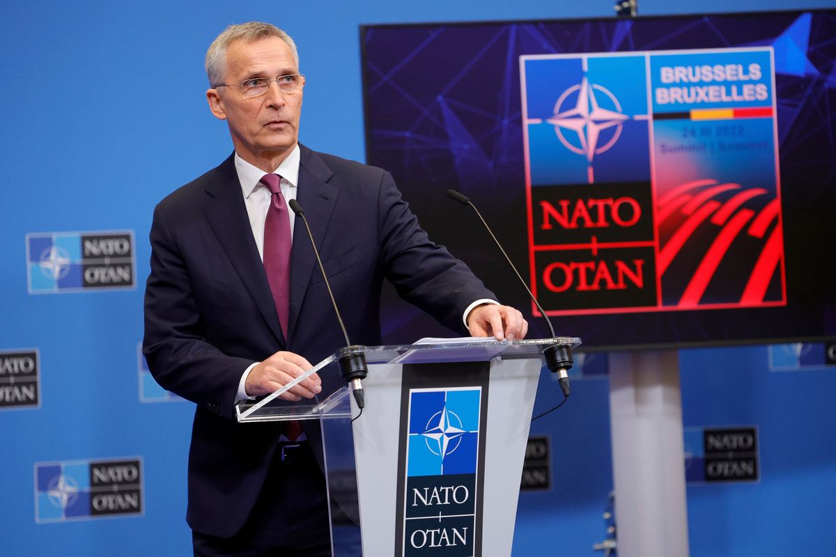 NATO Secretary General Jens Stoltenberg speaks during a media conference ahead of a NATO summit at NATO headquarters in Brussels, Wednesday, March 23, 2022. Western leaders are arriving in Brussels for Thursday