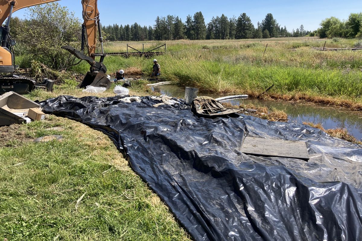 Responders excavate soil along Minnie Creek on Saturday.  (Courtesy of Washington State Department of Ecology)