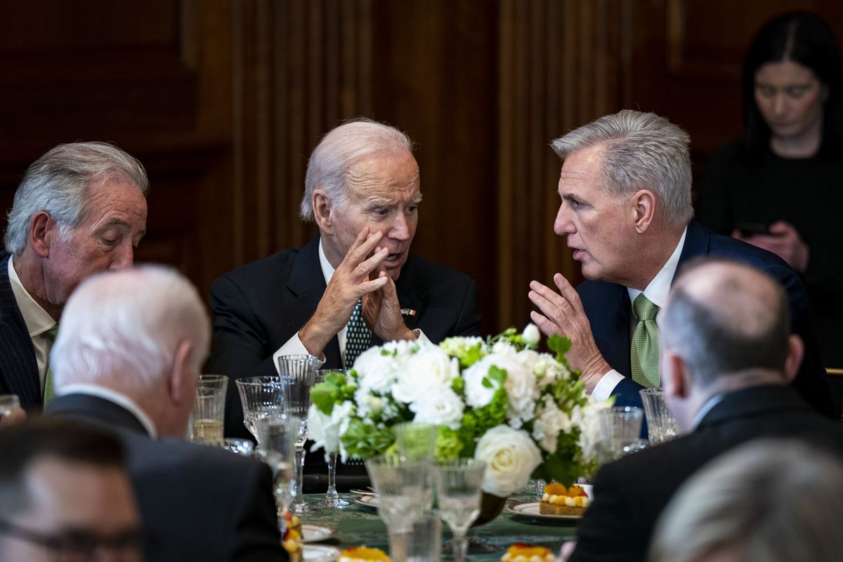  President Joe Biden speaks with House Speaker Kevin McCarthy (R-Calif.) at the Capitol, in Washington on March 17, 2023. McCarthy is expected to meet with Taiwan