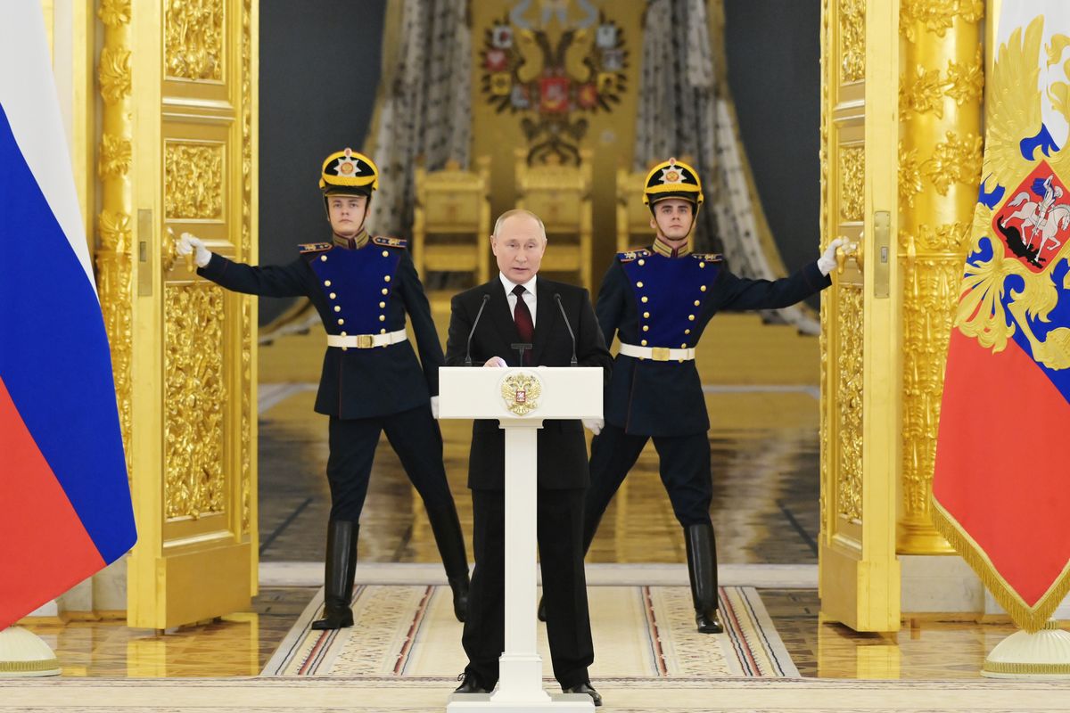 Russian President Vladimir Putin speaks during a ceremony to receive credentials from foreign ambassadors in Kremlin, in Moscow, Russia, Wednesday, Dec. 1, 2021.  (Grigory Sysoev)