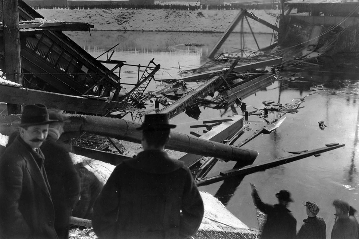 Two streetcars plunged into the Spokane River on Dec. 18, 1915, when the Division Street bridge collapsed. Five men died and 12 were injured. (Photo Archive/The Spokesman-Review)