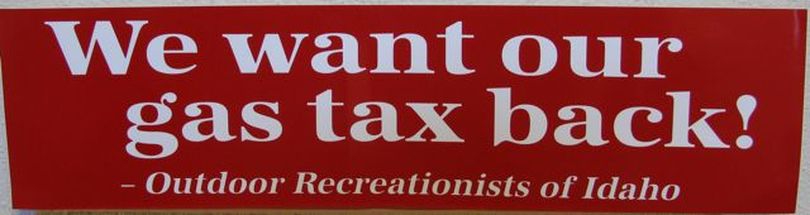 The Idaho Recreation Council has printed up bumper stickers opposing a the shift of gas-tax proceeds from off-road vehicle and boat use to state highway needs. The money now funds recreational trails. (Betsy Russell / The Spokesman-Review)