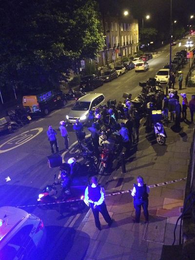 This is an image made available by Sarah Cobbold of the scene of an acid attack in London early Thursday July 13, 2017. (Sarah Cobbold / AP)