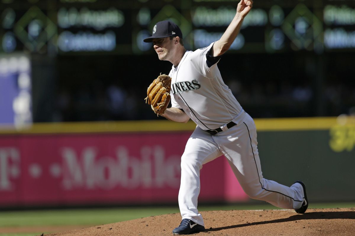 Seattle Mariners starting pitcher Wade LeBlanc works against the Boston Red Sox during the first inning of a baseball game Saturday, June 16, 2018, in Seattle. (John Froschauer / AP)