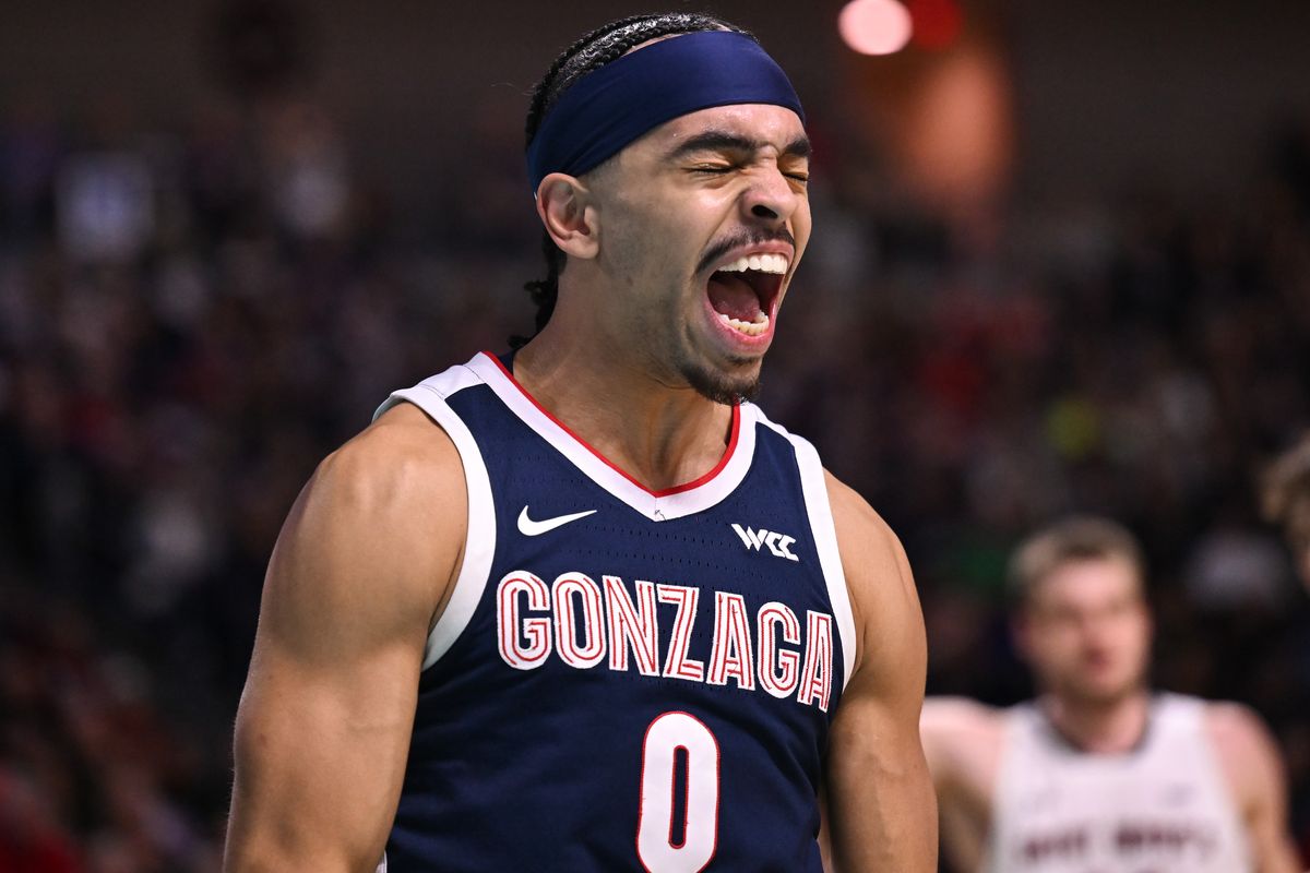 Gonzaga Bulldogs guard Ryan Nembhard (0) cheers after Gonzaga forced a turnover against the Saint Mary