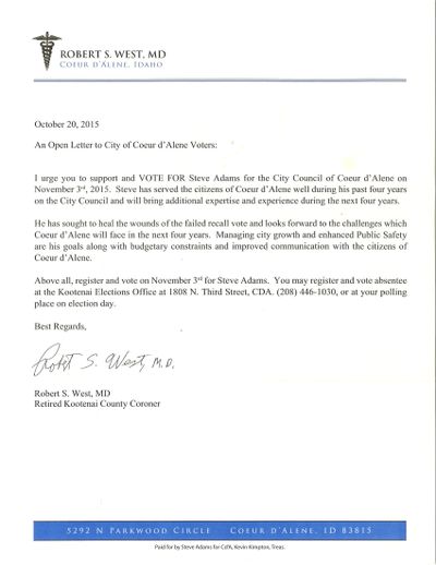 Letter of former Kootenai County coroner Dr. Robert West supporting the re-election bid of Coeur d'Alene City Councilman Steve Adams.