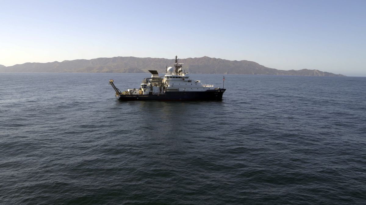 In this March 2021 image provided by Scripps Institution of Oceanography at UC San Diego, the research Vessel Sally Ride is seen off the coast of Santa Catalina Island, Calif. Marine scientists say they have found what they believe to be as many as 25,000 barrels that possibly contain DDT dumped off the Southern California coast near Catalina Island.  (HONS)