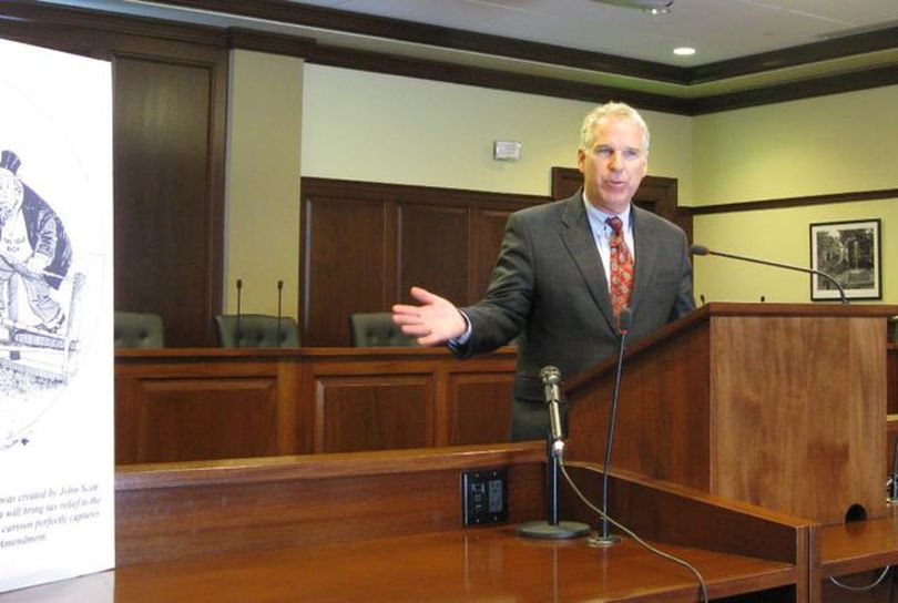 Idaho Rep. Phil Hart speaks at a news conference after a House Ethics Committee meeting in July (Betsy Russell)