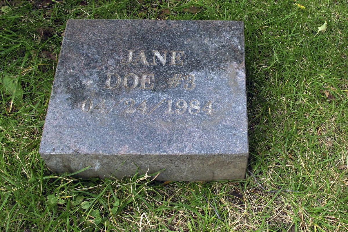 This Wednesday, Sept. 3, 2014 photo shows the grave marker for Jane Doe #3 from a cemetery in Anchorage, Alaska. The remains of a woman known for 37 years only as Horseshoe Harriet, one of 17 victims of a notorious Alaska serial killer, have been identified through DNA profiling as Robin Pelkey, authorities said Friday, Oct. 22, 2021.  (Rachel D'Oro)
