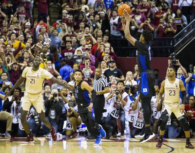 Duke forward Cam Reddish takes the game-winning shot to give the Blue Devils an 80-78 win at Florida State on Saturday. (Mark Wallheiser / Associated Press)