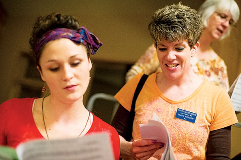 Debbie Edmistion sings her part with other baritones, including Christi Dunphy, left, during a recent rehearsal of the Sweet Adelines at the Coeur d'Alene Assembly Church. (Shawn Gust/press)