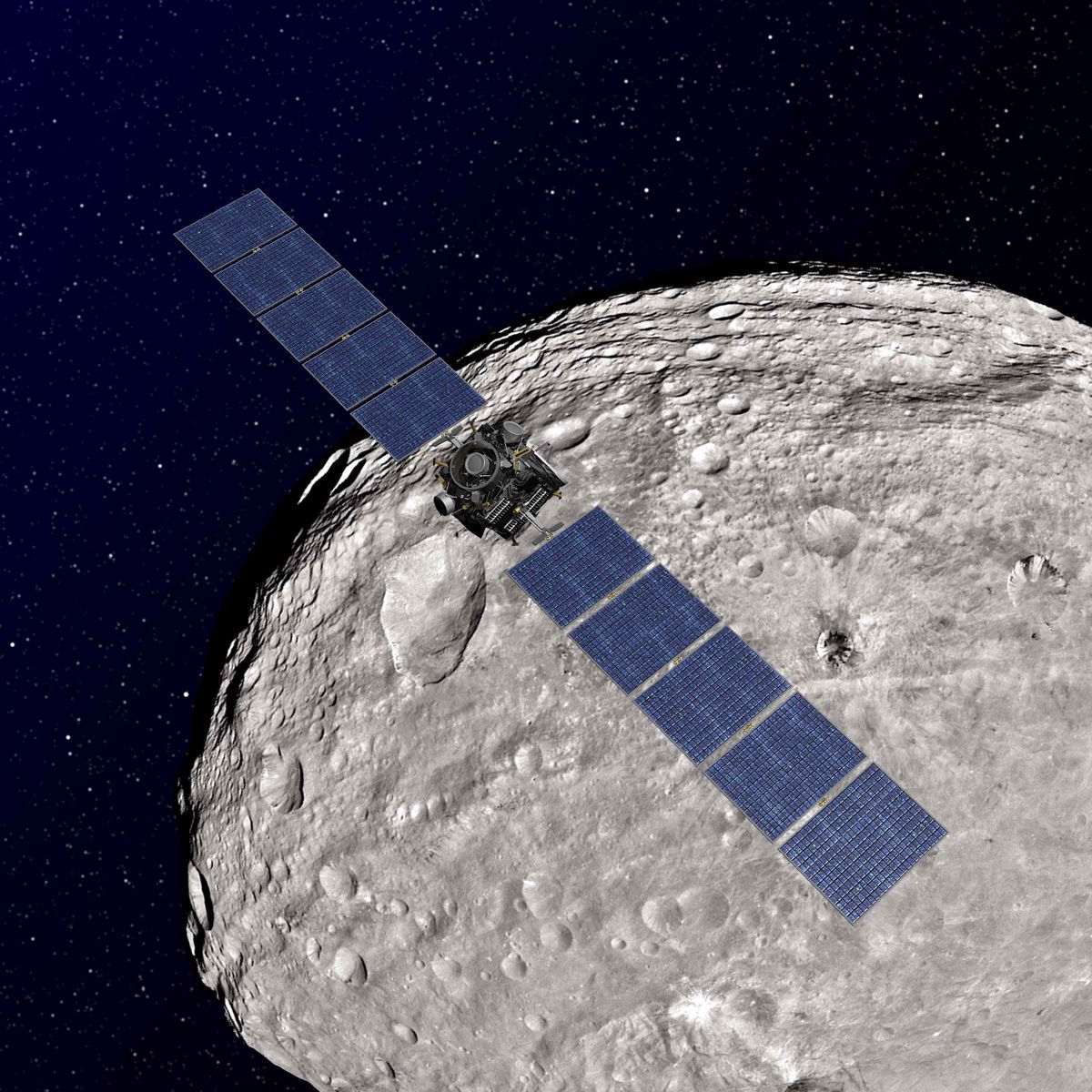 An undated artist rendering released by NASA shows the NASA Dawn spacecraft in orbit around the giant asteroid Vesta. After spending a year examining Vesta, Dawn is poised to depart and head to another asteroid, Ceres, where it will arrive in 2015. (Hopd Hopd / Nasa)