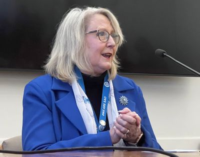 Washington State Auditor Pat McCarthy speaks to journalists gathered for Washington Newspaper Publishers Association’s legislative day on Thursday, March 13, 2025, at the John A. Cherberg Building in Olympia. (Jonathan Brunt/The Spokesman-Review)