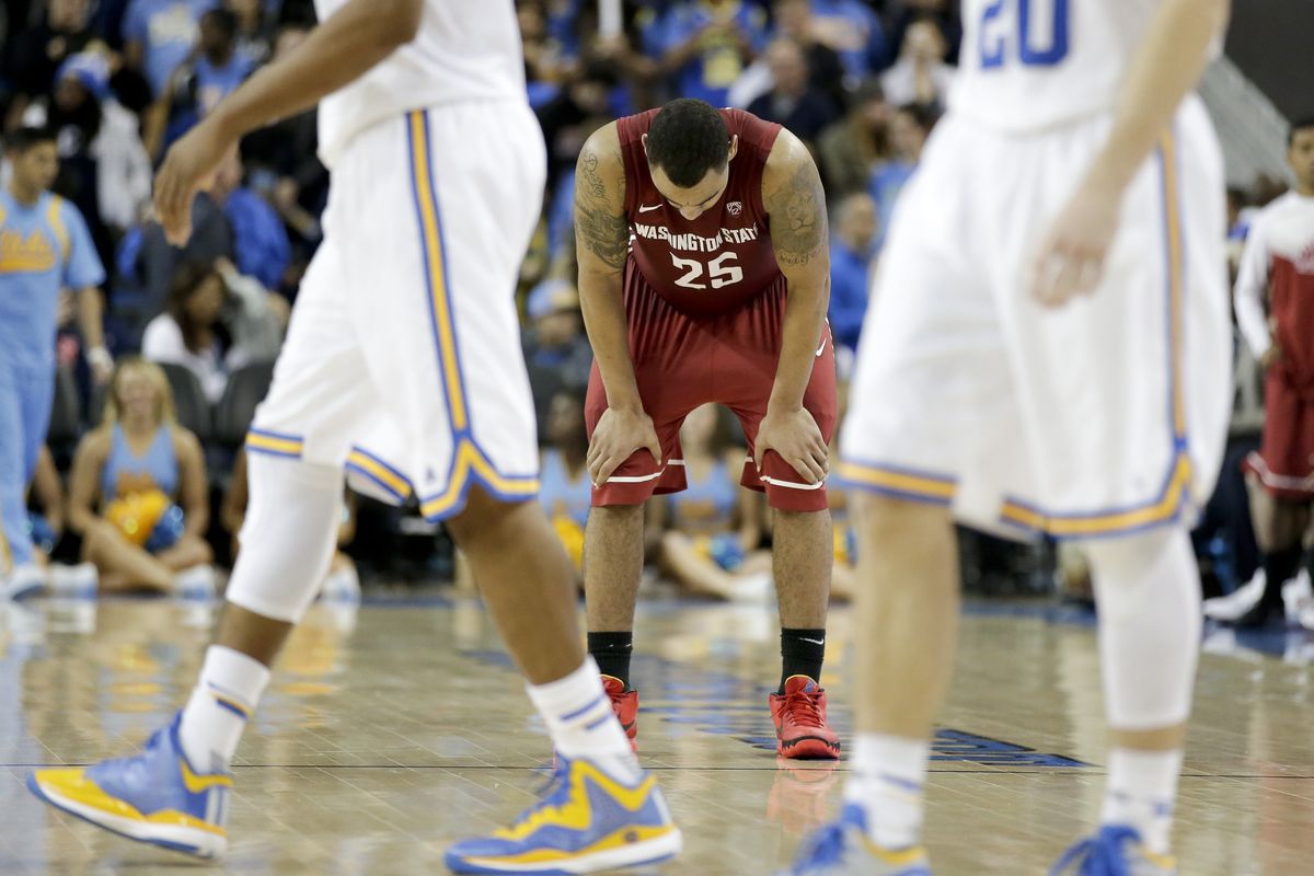 Guard DaVonte Lacy, who scored 19 points, reacts after the Cougars’ 72-67 loss to UCLA in Los Angeles. WSU led 34-32 at halftime. (Associated Press)