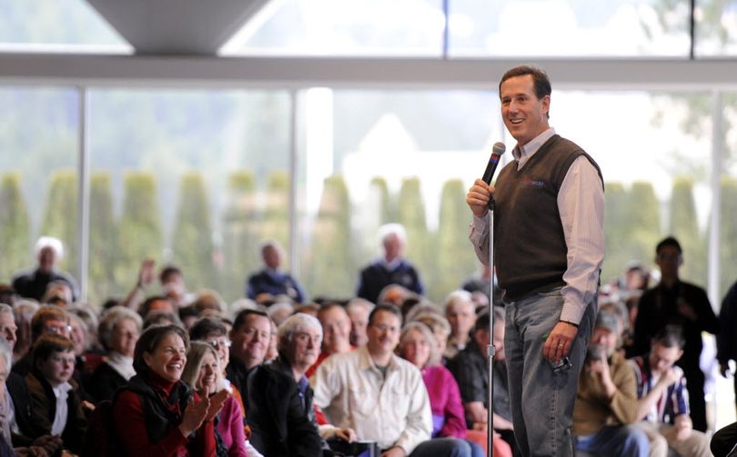 Presidential candidate Rick Santorum answers questions from the crowd Tuesday, Feb. 14, 2012 at the Hagadone Events Center in Coeur d'Alene. After his stop in the Lake City, he was headed to Boise for an evening event. (Jesse Tinsley)
