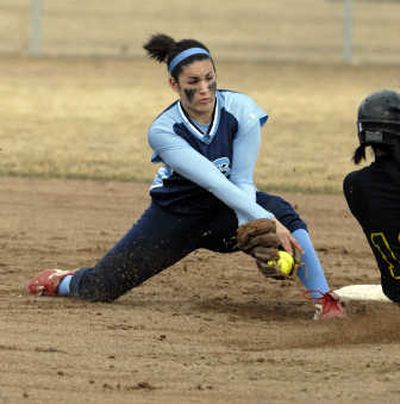 
Central Valley shortstop Alexa Morales tags a Shadle Park runner out at second base Tuesday. The  Bears lost to the defending state champs 14-0 in their GSL opener. The returning all-leaguer should help Central Valley challenge for the playoffs. 
 (J. BART RAYNIAK / The Spokesman-Review)