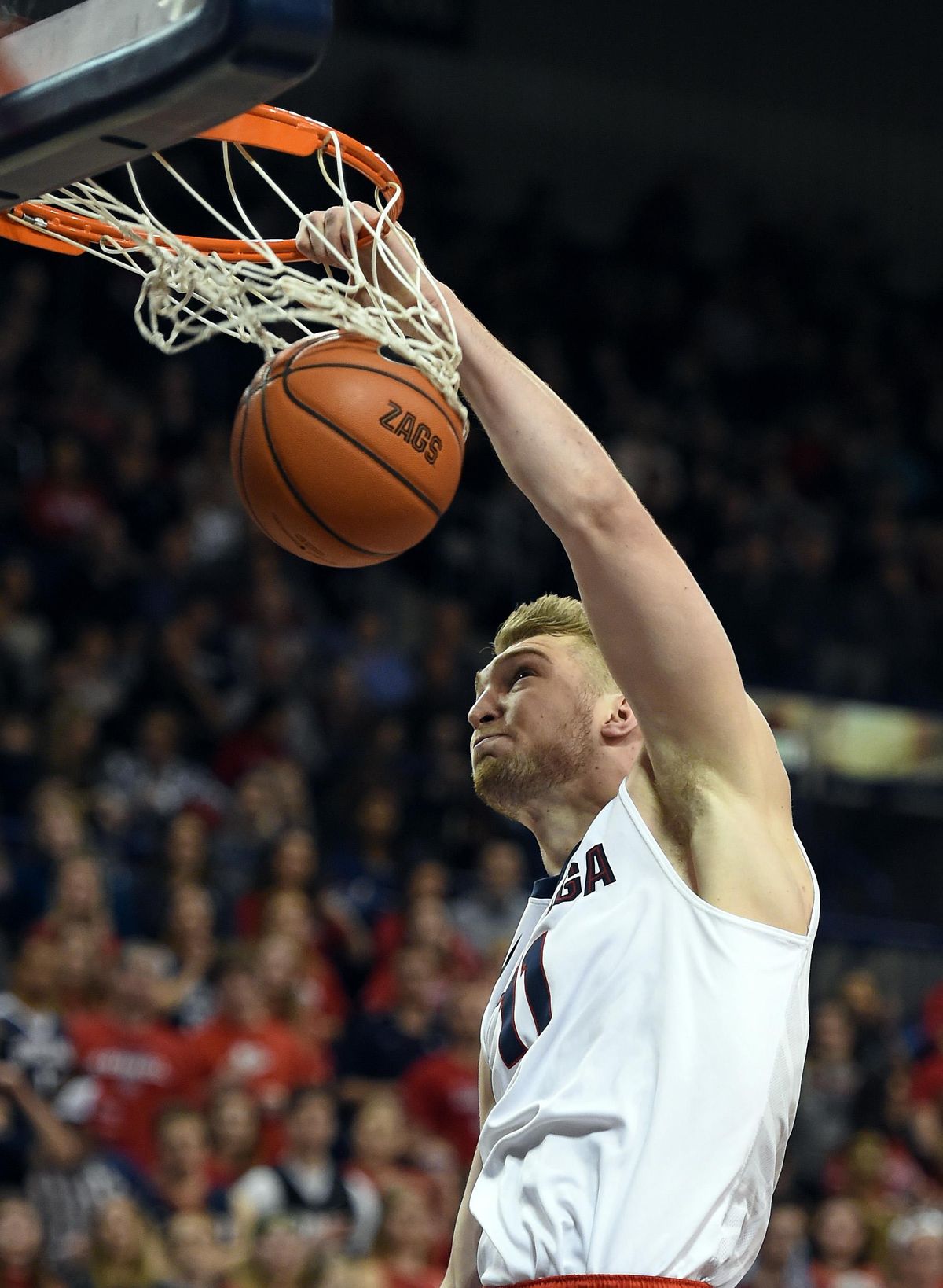 Gonzaga forward Domantas Sabonis (11) dunks the ball during the first half of a NCAA college basketball game against Pacific, Feb. 18, 2016, at the McCarthey Athletic Center in Spokane. (Colin Mulvany / The Spokesman-Review)