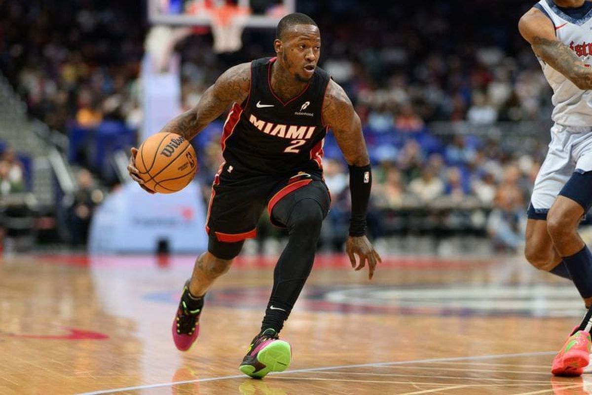 Miami Heat guard Terry Rozier handles the ball during the second quarter against the Washington Wizards at Capital One Arena. Rozier was among more than 30 people charged Thursday in connection with two federal gambling investigations.  (Courtesy of Reggie Hildred)
