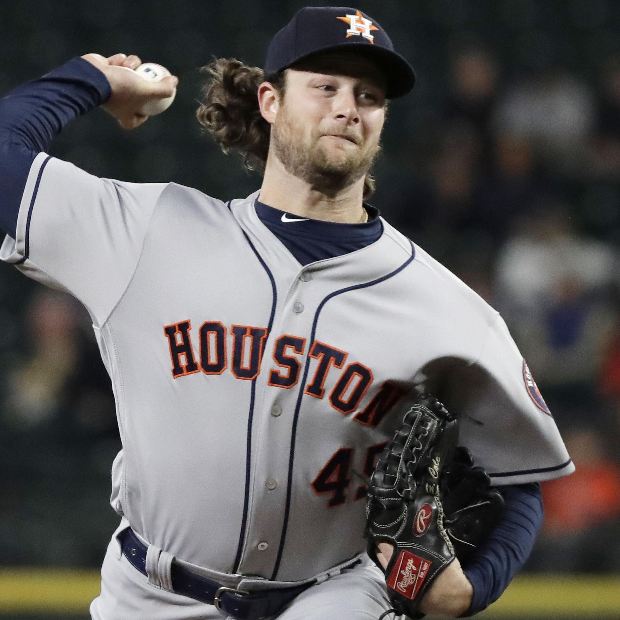 August 10, 2018: Houston Astros starting pitcher Gerrit Cole (45) pitches  during a Major League Baseball game between the Houston Astros and the  Seattle Mariners on 1970s night at Minute Maid Park