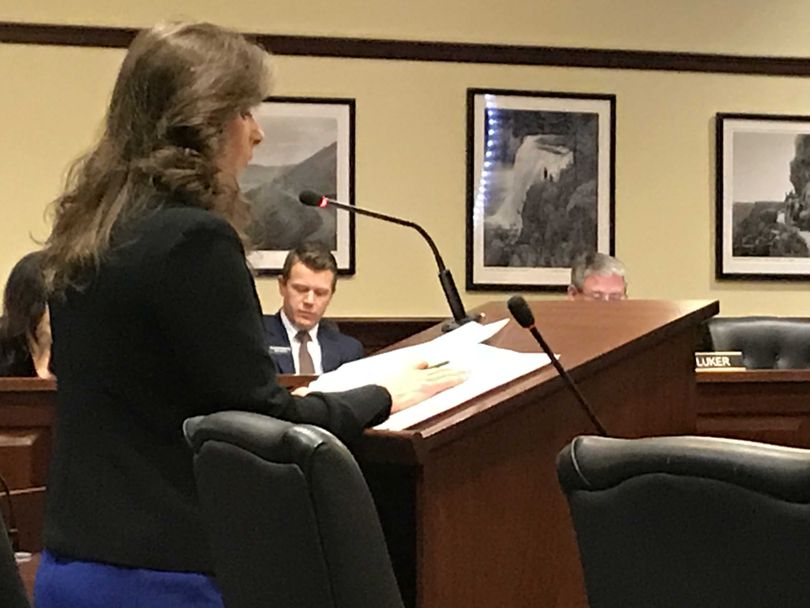 Rep. Heather Scott, R-Blanchard, presents legislation on limiting repeat bond and levy elections to the House State Affairs Committee on Friday, Feb. 16, 2018. (Betsy Z. Russell)