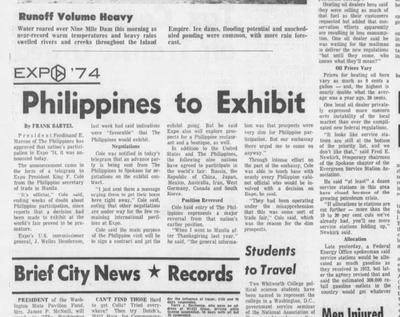 President Ferdinand Marcos of the Philippines announced that his country would host an exhibit at Expo ’74, the Spokane Daily Chronicle reported on Jan. 15, 1974.  (Spokesman-Review archives)