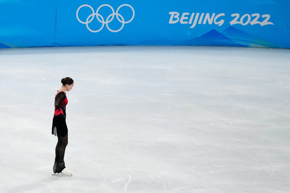 Kamila Valieva, of the Russian Olympic Committee, reacts after the women