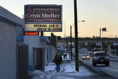 
Pedestrians walk down East Sprague Avenue outside of the new Crisis Shelter for Women and Children in Spokane. The shelter, located in the old Budget Saver Motel, will open today.
 (Holly Pickett / The Spokesman-Review)