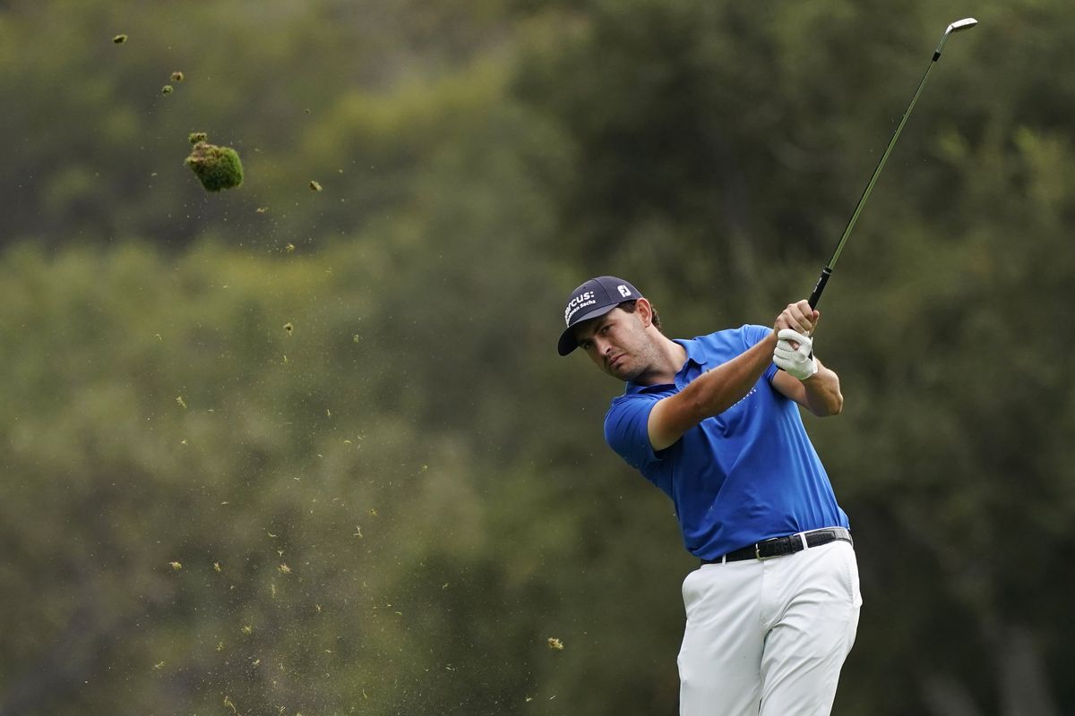 Patrick Cantlay hits from the 18th fairway during the second round of the Zozo Championship golf tournament Friday, Oct. 23, 2020, in Thousand Oaks, Calif.  (Associated Press)