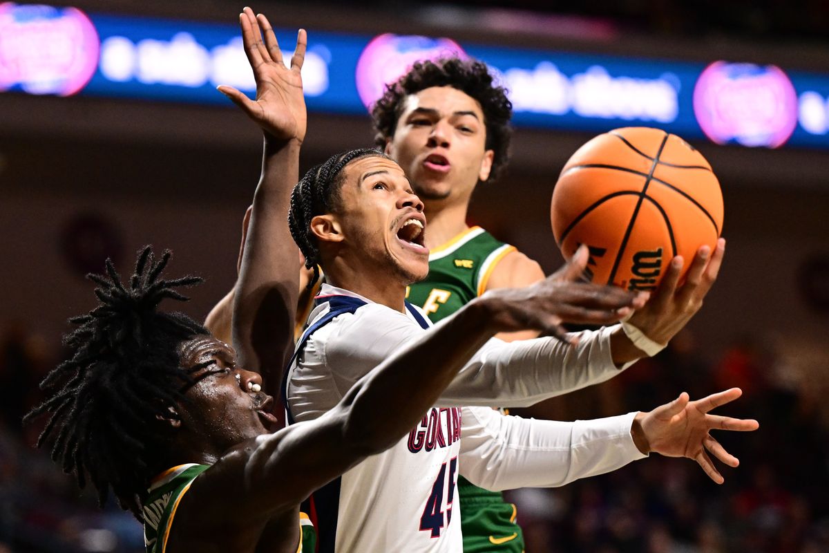 Gonzaga Bulldogs guard Rasir Bolton (45) drives to the basket against the San Francisco Dons during the first half of a WCC tournament semifinal basketball game on Monday, March 6, 2023, at the Orleans Arena in Las Vegas, Nev.  (Tyler Tjomsland/The Spokesman-Review)