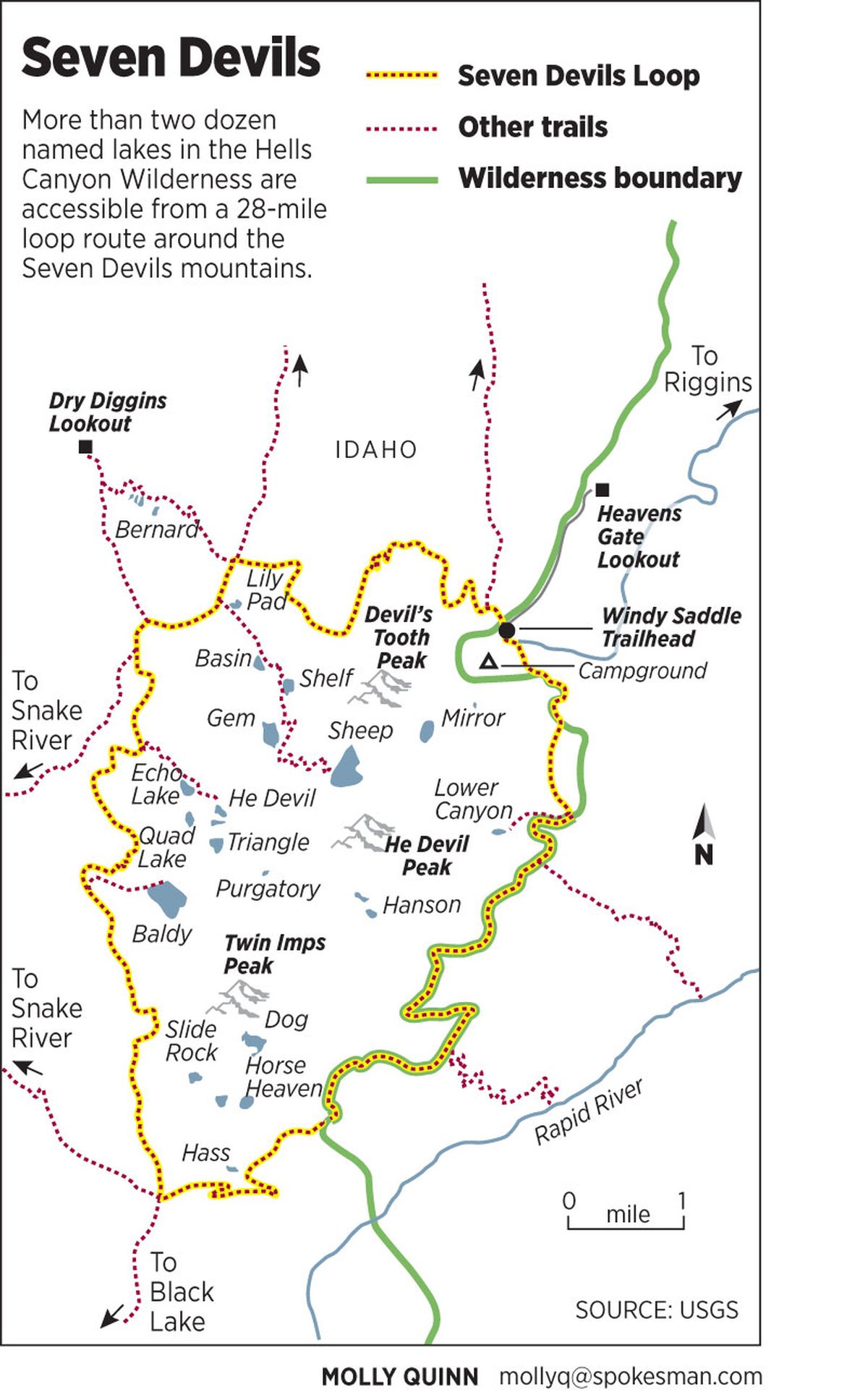Map shows main trails running through the core of the Seven Devils Mountains in the Hells Canyon Wilderness west of Riggins, Idaho.